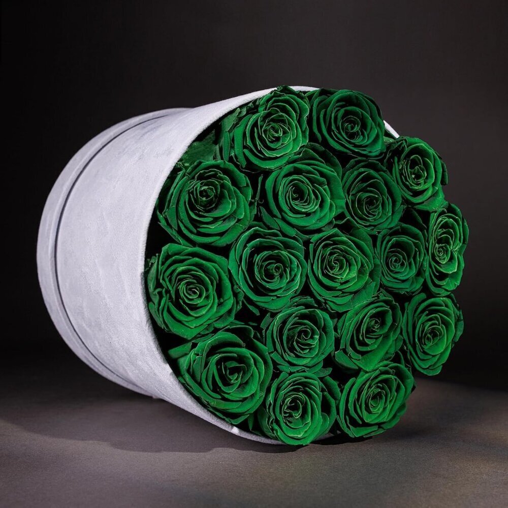 17 Flowers in a Luxury Suede Box Birthday Gifts Preserved Flowers Dark Green - Picture 2 of 6